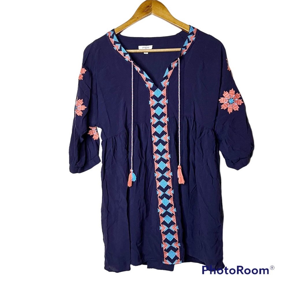 Umgee Navy Blue Embroidered Boho Tassel Tie‎ Tunic Top Babydoll XL